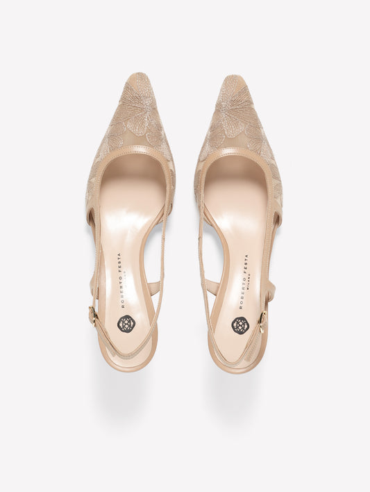 TULLE SLINGBACK WITH EMBROIDERED FLOWERS SIRLA - Beige | Roberto Festa