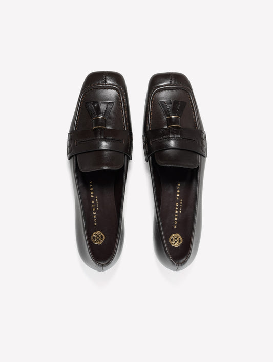 DARK BROWN LEATHER LOAFERS SKYLAR - Brown | Roberto Festa