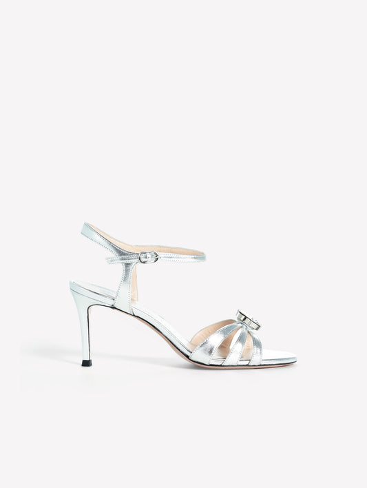 SILVER LAMINATED LEATHER SANDAL WITH THIN STRAPS AND RHINESTONE MEDIUM HEEL SOPHIE - Bridal Shoes | Roberto Festa
