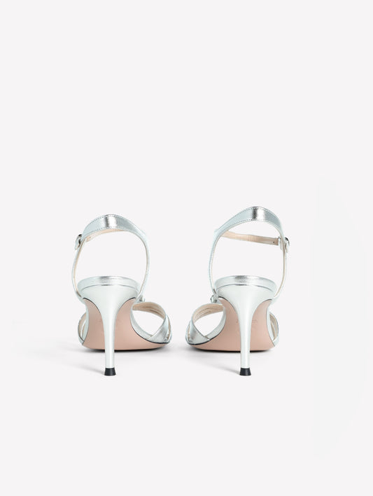 SILVER LAMINATED LEATHER SANDAL WITH THIN STRAPS AND RHINESTONE MEDIUM HEEL SOPHIE - Argento | Roberto Festa