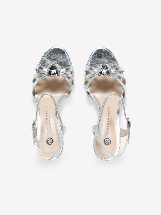 SILVER LAMINATED LEATHER SANDAL WITH THIN STRAPS AND RHINESTONE MEDIUM HEEL SOPHIE - Argento | Roberto Festa