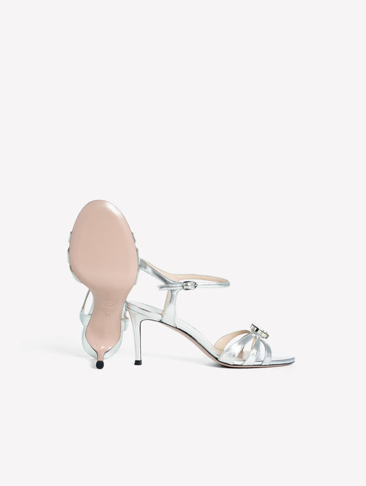 SILVER LAMINATED LEATHER SANDAL WITH THIN STRAPS AND RHINESTONE MEDIUM HEEL SOPHIE - Argento | Roberto Festa