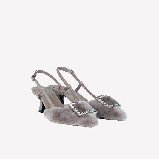 SLINGBACK IN VISONE NUTRIA CON FIBBIA QUADRA CON CRISTALLI STEFI - Grigio | Roberto Festa
