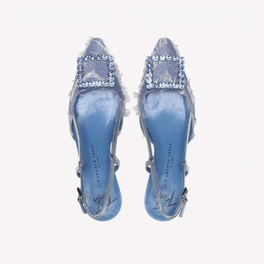 slingback in gwinet con accessorio strass in tinta stefy - Azzurro | Roberto Festa