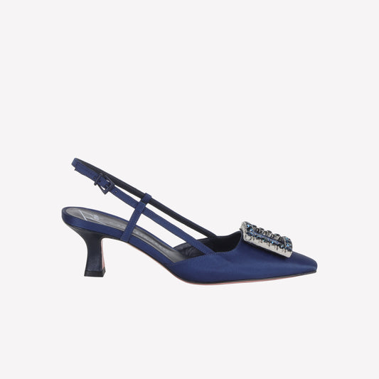 SLINGBACK IN BLU SATIN WITH TONE ON TONE ACCESSORY STEFY  - Women&#39;s Shoes: Elegant Footwear | Official Site