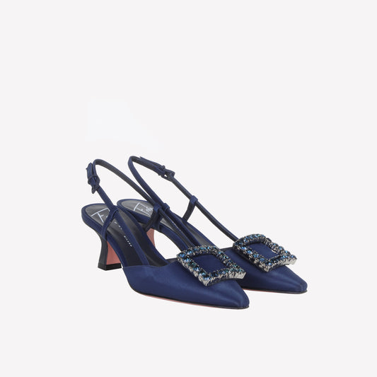 SLINGBACK IN BLU SATIN WITH TONE ON TONE ACCESSORY STEFY  - Shoes | Roberto Festa