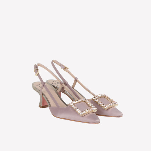 SLINGBACK IN TAUPE SATIN WITH TONE ON TONE ACCESSORY STEFY  - Women&#39;s Shoes: Elegant Footwear | Official Site