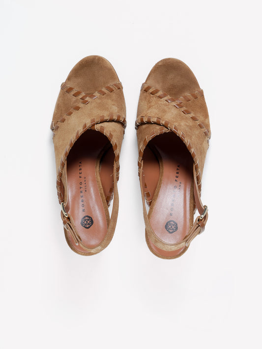 LEATHER-COLORED SUEDE SANDAL WITH CROSS-OVER AND MEDIUM HEEL SUNDAY - Marrone | Roberto Festa