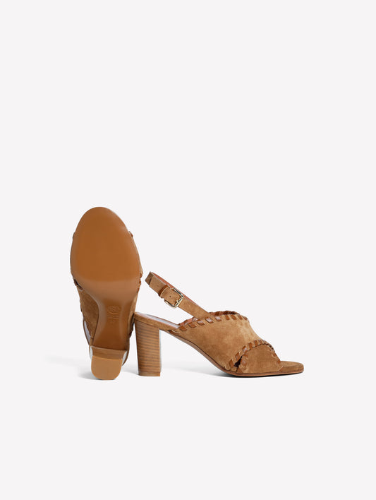 LEATHER-COLORED SUEDE SANDAL WITH CROSS-OVER AND MEDIUM HEEL SUNDAY - Marrone | Roberto Festa