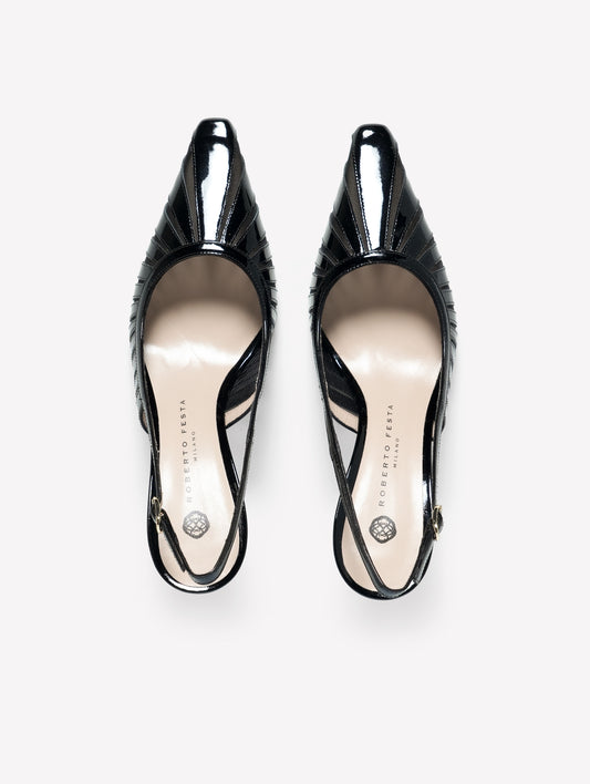 SLINGBACK IN VERNICE NERA CON INTAGLI LASERATI E TACCO MEDIO SUNNY - Nero | Roberto Festa