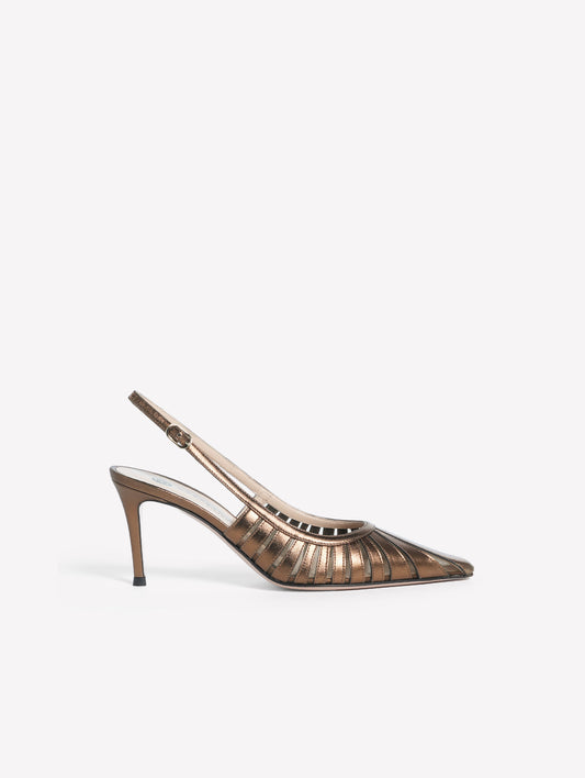 SLINGBACK IN PELLE LAMINATA BRONZO CON INTAGLI LASERATI E TACCO MEDIO SUNNY - Scarpe Donna: Calzature eleganti