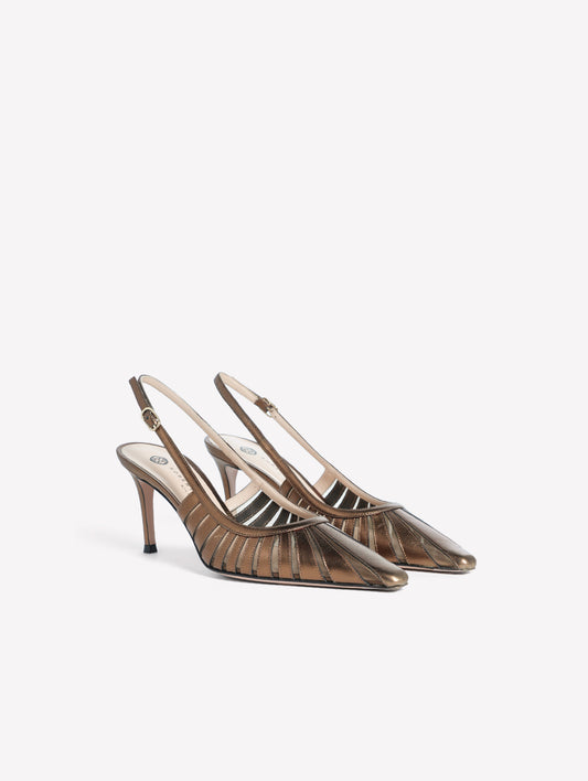 SLINGBACK IN PELLE LAMINATA BRONZO CON INTAGLI LASERATI E TACCO MEDIO SUNNY - Scarpe Donna: Calzature eleganti