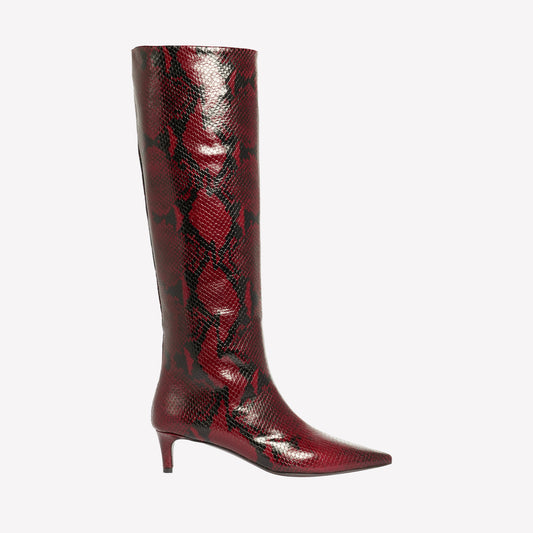 BORDEAUX PYTHON PRINT LEATHER KNEE-HIGH BOOTS WITH MEDIUM HEEL TAISIA - Bordeaux | Roberto Festa