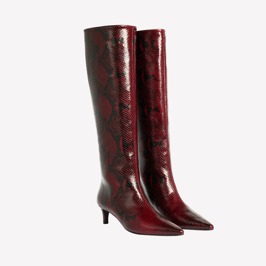 BORDEAUX PYTHON PRINT LEATHER KNEE-HIGH BOOTS WITH MEDIUM HEEL TAISIA - Bordeaux | Roberto Festa