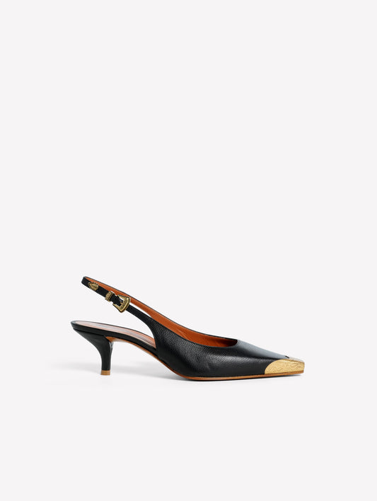 SLINGBACK IN PELLE DI CERVO NERA CON PUNTALE ORO DECORATO TESEO - Scarpe Donna: Calzature eleganti