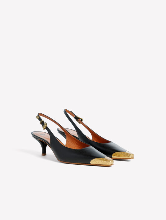 SLINGBACK IN PELLE DI CERVO NERA CON PUNTALE ORO DECORATO TESEO - Scarpe Donna: Calzature eleganti