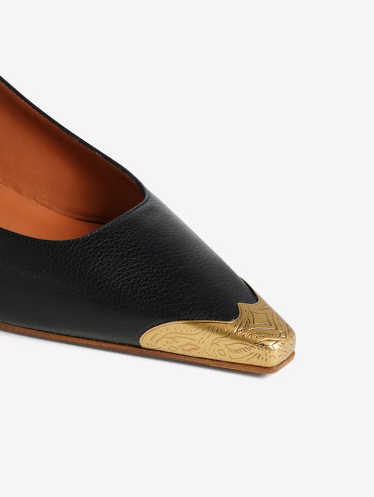 SLINGBACK IN PELLE DI CERVO NERA CON PUNTALE ORO DECORATO TESEO - Nero | Roberto Festa