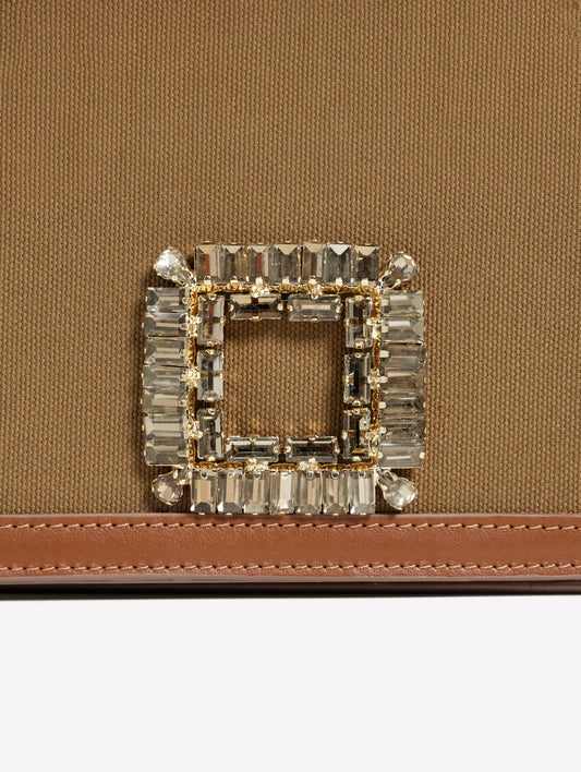 BORSA IN TESSUTO CANVAS VERDE MILITARE CON CORNICE IN PELLE E FIBBIA STRASS TILDA - Verde | Roberto Festa