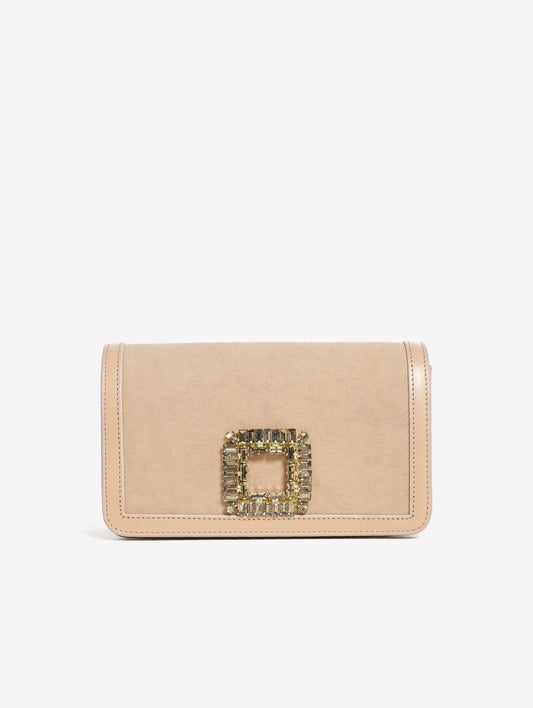 BORSA IN TESSUTO CANVAS BEIGE CON CORNICE IN PELLE E FIBBIA STRASS TILDA - Scarpe Donna: Calzature eleganti