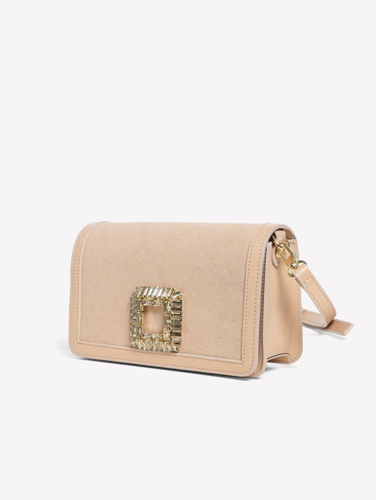 BORSA IN TESSUTO CANVAS BEIGE CON CORNICE IN PELLE E FIBBIA STRASS TILDA - Beige | Roberto Festa