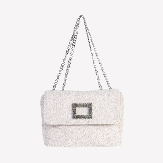 TROPEA LUX IN WHITE BOUCLE SHOULDER BAG WITH RHINESTONE ACCESSORY - Bags | Roberto Festa
