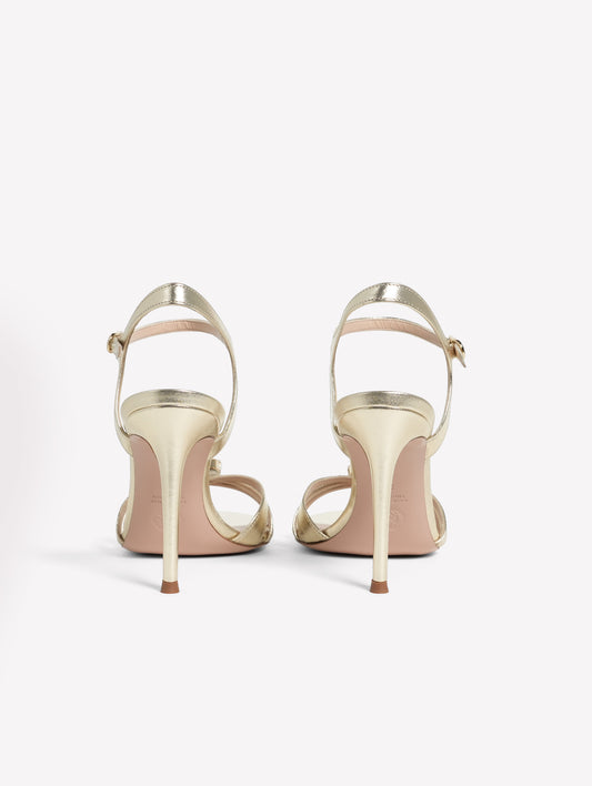 SANDALO IN PELLE LAMINATA PLATINO CON FASCE SOTTILI E UNA PIETRA STRASS CON TACCO ALTO ZEA - Platino | Roberto Festa