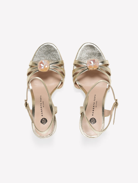 SANDALO IN PELLE LAMINATA PLATINO CON FASCE SOTTILI E UNA PIETRA STRASS CON TACCO ALTO ZEA - Platino | Roberto Festa