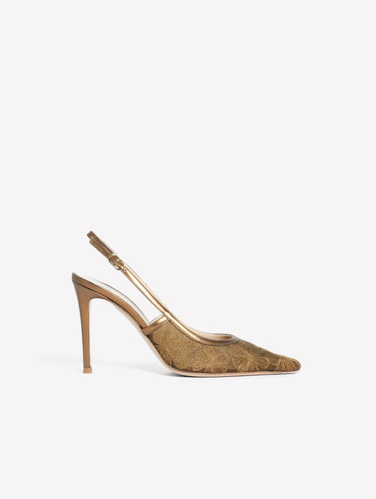 SLINGBACK IN RETE CON RICAMO FLOREALE COLOR BRONZO E TACCO ALTO ZEUS - Scarpe Donna: Calzature eleganti