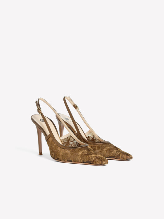 SLINGBACK IN RETE CON RICAMO FLOREALE COLOR BRONZO E TACCO ALTO ZEUS - Scarpe Donna: Calzature eleganti