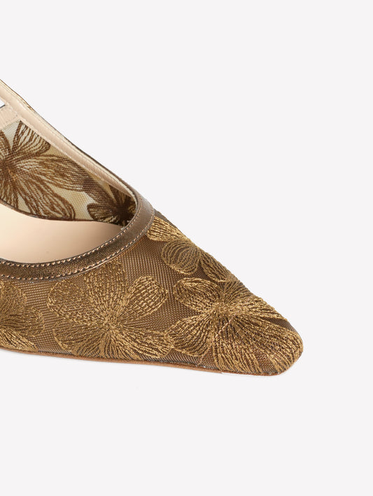 SLINGBACK IN RETE CON RICAMO FLOREALE COLOR BRONZO E TACCO ALTO ZEUS - Marrone | Roberto Festa