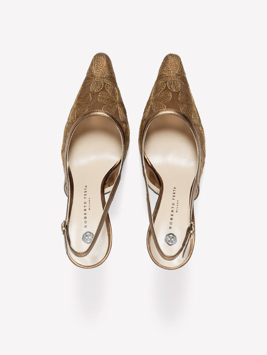 SLINGBACK IN RETE CON RICAMO FLOREALE COLOR BRONZO E TACCO ALTO ZEUS - Marrone | Roberto Festa