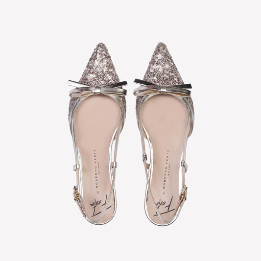 Aris slingback pumps in titanium paillettes with bow  - Gold | Roberto Festa