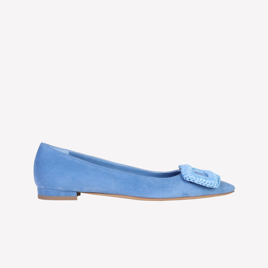 flat in camoscio jeans con accessorio rivestito in raffia canary - Azzurro | Roberto Festa