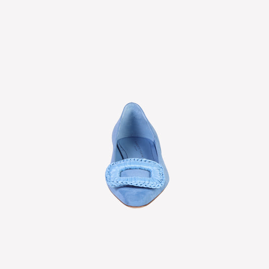 flat in camoscio jeans con accessorio rivestito in raffia canary - Azzurro | Roberto Festa