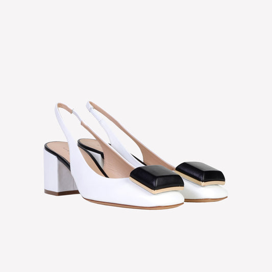 Gaby slingback in white nappa leather with black accessory and heel - Products | Roberto Festa