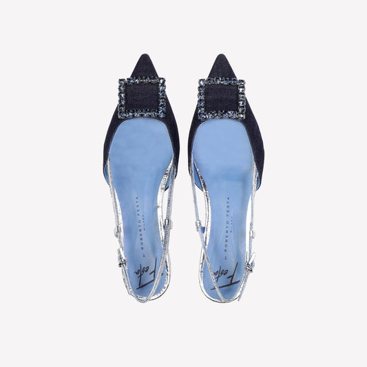 slingback in jeans denim con accessorio strass in tinta lavanda - Blu | Roberto Festa